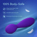 The Velvet High Versatile Internal or External Vibrator with Flexible Neck in purple silicone is showcased on a blue background with floating white feathers. It’s 100% body-safe, phthalate-free, easy to clean, and delivers powerful clitoral stimulation.