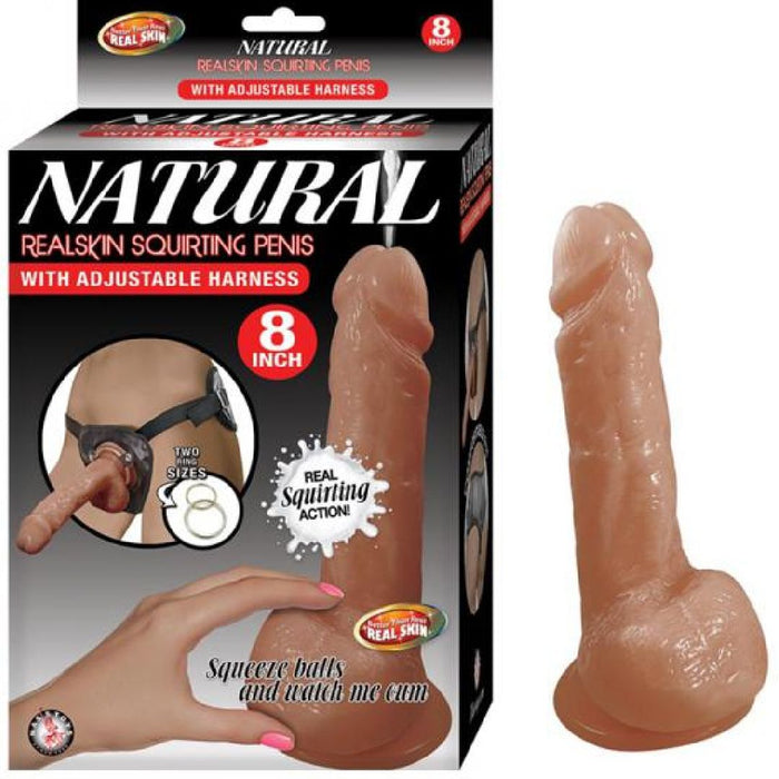 Natural Realskin 8 Inch Squirting Dildo with Harness - Chocolate with the box