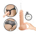 The Nasstoys Natural Realskin 8 Inch Squirting Dildo with Harness - Vanilla is showcased. One image features a rear view of the adjustable harness being worn with the vanilla-colored, realistic dildo attached. Another image highlights a close-up of the squirting feature in action, while an additional image shows two different O-ring sizes.