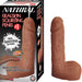 An image showcases the Natural Realskin Squirting Dildo 6 Inch - Chocolate by Nasstoys alongside its packaging. The dildo features a detailed, lifelike design made of flexible TPR material. The packaging highlights the name "Natural Realskin Squirting Dildo 6 Inch - Chocolate" and promotes its "Real Squirting Action" with an illustration of cum play as a hand squeezes the toy.
