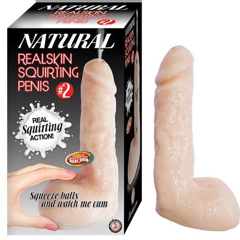 A boxed product is displayed alongside its contents, a sizable squirting dildo labeled "Natural Realskin Squirting Dildo 7 Inch - Vanilla." The packaging, branded by Nasstoys, features text that reads "Real Squirting Action" and caters to cum play fantasies, explaining that squeezing the flexible TPR material will make it squirt liquid.