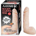 A boxed product titled “Natural Realskin Squirting Dildo 7.5 Inch - Vanilla” by Nasstoys is displayed. The box image features a realistic squirting dildo made of flexible TPR material and text highlighting its insertable length and lifelike skin texture. The product is positioned outside the box, adjacent to the packaging.