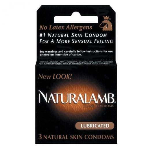 A box of Paradise Marketing brand Naturalamb Lubricated Condoms, highlighting their new look and latex-free composition, now featuring no latex allergens.
