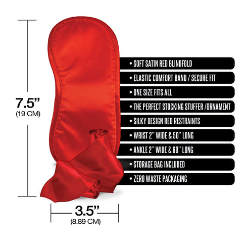 The Naughty List Holiday Vibes Kink Gift Set features a red satin blindfold with long ribbons, elastic band, soft wrist and ankle restraints, a storage bag, and zero-waste packaging. Dimensions: 7.5" x 3.5". Perfect for holiday gifting or beginner bondage play.