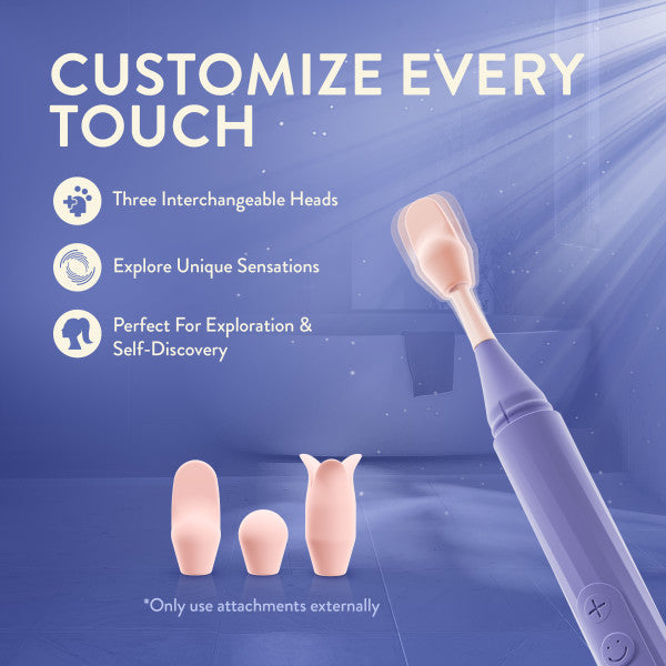 The Juno Precision Tip Oscillating Vibrator is shown in purple with three interchangeable, light pink heads. Features include a precision tip for unique sensations—perfect for customizing touch, exploration, and self-discovery.