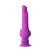The New York Gyro Quake Thrusting 9.75 Inch Silicone Dildo by Blush features a purple, erect penis shape with a thick base and ribbed detailing. Designed for internal stimulation, it boasts a curved shape for targeted pleasure and includes multiple vibrating modes to enhance your experience.