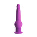 The New York Gyro Quake Thrusting 9.75 Inch Silicone Dildo from Blush is a purple, phallic-shaped silicone dildo with a ribbed base and control buttons on the shaft. The waterproof bottom section features a suction cup for hands-free use and offers various vibrating modes for enhanced pleasure.