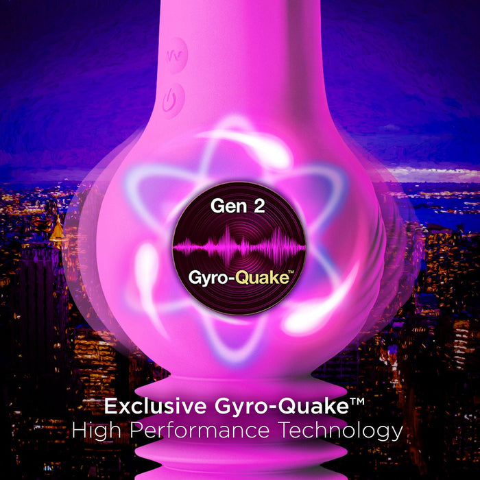 A glowing purple device labeled "New York Gyro Quake Thrusting 9.75 Inch Silicone Dildo" from the brand Blush, with a pulse waveform at the center and a blue and purple aura surrounding it. The background showcases a cityscape at night while text reads, "Exclusive Gyro-Quake™ High Performance Technology featuring multiple vibrating modes and a waterproof design.