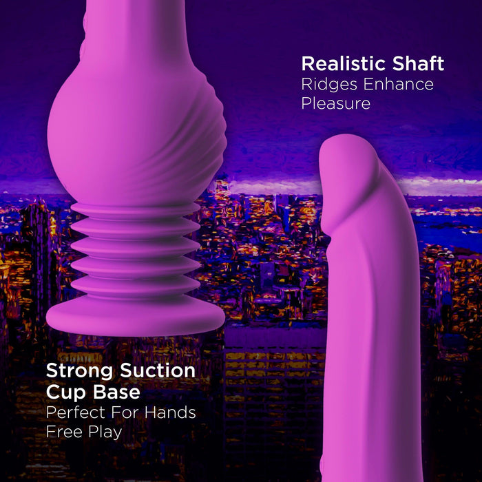 Against a vibrant neon cityscape backdrop, the New York Gyro Quake Thrusting 9.75 Inch Silicone Dildo in Purple by Blush is showcased with its realistic ridges and suction cup base. Text on the image reads, "Realistic Shaft: Ridges Enhance Pleasure," "Waterproof: For Versatile Play," and "Strong Suction Cup Base: Perfect For Hands-Free Play.