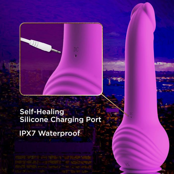 A purple silicone dildo, labeled "Self-Healing Silicone Charging Port" and "IPX7 Waterproof," is shown with a close-up inset highlighting its DC charging port as a white cable is being inserted. The product, named "New York Gyro Quake Thrusting 9.75 Inch Silicone Dildo - Purple" from the brand Blush, is set against a background featuring a blurred cityscape.