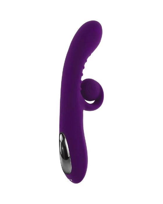 Playboy Curlicue Rabbit Vibrator for Blended Orgasms - Product on a 45 degree angle showing the curved design of the shaft of the product, perfect for gspot stimulation