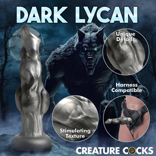 The Night Prowler 10 Inch Werewolf Canine Dildo with Knot features fantasy-inspired, veiny details. Insets highlight its stimulating texture, strap-on harness compatibility, and a werewolf silhouette under a misty moon. Text: "CREATURE COCKS.