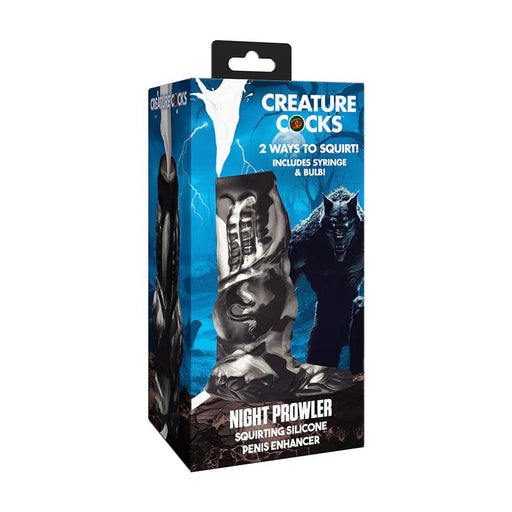 A fantasy-themed retail box displays the "Night Prowler Squirting Penis Enhancer." The package highlights "2 ways to squirt," includes a syringe and bulb, and shows a monster sleeve in the background.