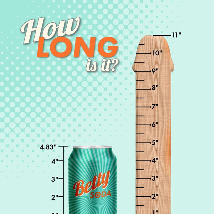A colorful and vibrant illustration comparing the height of a medical grade stainless steel dildo labeled "Njoy 11 Double Ended 11 Inch Stainless Steel Dildo" to a wooden ruler, emphasizing the question "how long is it?" with the item reaching just under.