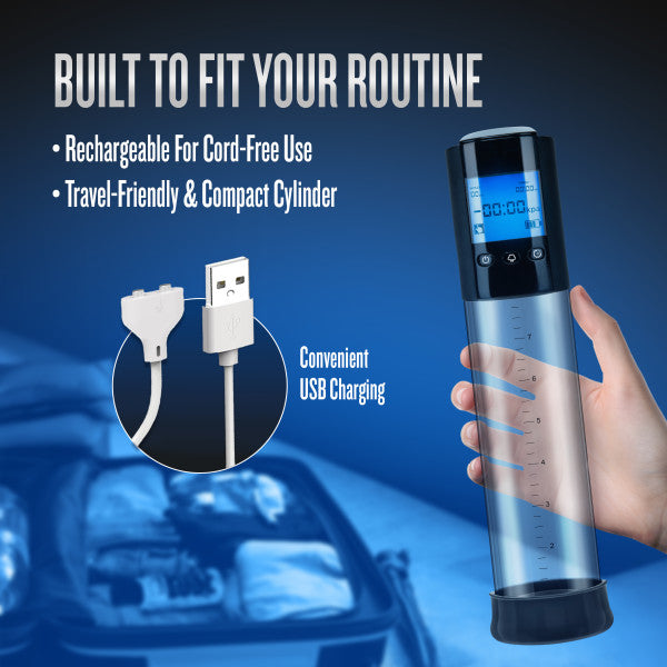 A hand holds the Performance VX10 Automatic Penis Pump with Smart Pressure Control, featuring a digital screen. Text notes its rechargeable, travel-friendly design and convenient USB charging. A USB cable rests near an open suitcase in the background.