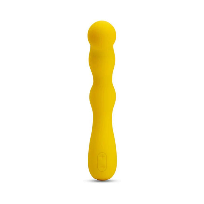 The Nu Sensuelle Nubii Siren Flexible Vibrator is a yellow silicone G-spot toy with a wavy, textured shaft, rounded tip, control button with plus/minus symbols by the base, and turbo boost mode, shown on a white background.
