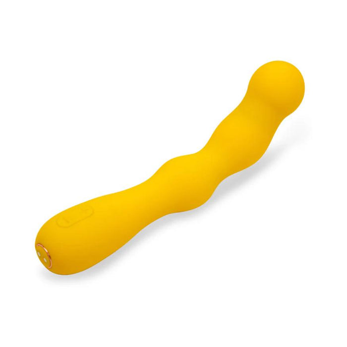 The Nu Sensuelle Nubii Siren Flexible Vibrator, a yellow silicone G-spot stimulator with a wavy shape, rounded tip, and handle control button, is displayed on a white background.