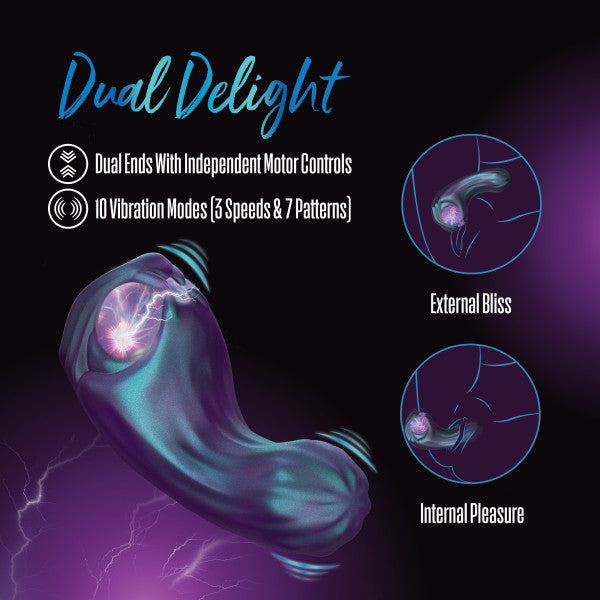 A graphic of The Viper Double Ended Dual Motor Plasma Globe Vibrator, featuring UltraSilk silicone, dual ends with independent motors, 10 vibration modes, and labels for "external bliss" and "internal pleasure" use.