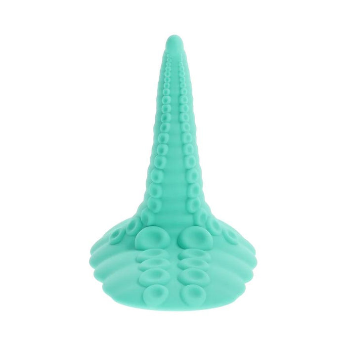 The Octopus Tentacle Insertable Remote Controlled Grinder is a turquoise silicone sex toy with raised suction cup details, designed to stand upright on a flat base, displayed against a white background.