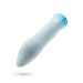 A smooth, white, ergonomic device with a soft blue cap on one end, likely a personal care tool. The Oh My Gem Ardor Aquamarine Warming Internal & External Tapered Vibrator by Blush boasts a sleek, curved design and even features a warming function, making it both versatile and luxurious. Displayed against a plain white background for emphasis.