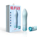 A pale blue, cylindrical vibrator is displayed upright next to its packaging. The packaging features the text "OH MY GEM" with additional product details and icons. The USB rechargeable Oh My Gem Ardor Aquamarine Warming Internal & External Tapered Vibrator by Blush boasts a turquoise, gem-like design at the bottom and includes a warming function for enhanced pleasure.