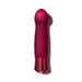 The Oh My Gem Classy Garnet Warming Internal & External Vibrator by Blush, a red, battery-operated vibrator with a smooth, slightly tapered shape and a rounded tip, stands upright against a plain white background. The vibrator features vibrating functions and has a darker red base that appears to serve as the control panel.