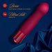 A red, sleek, curved silicone vibrator rests elegantly on a dark blue satin fabric. The surrounding text highlights its features, including "Luria™ Platinum-cured Silicone" and "UltraSilk® Smooth." Boasting vibrating functions and adorned with a gem-like garnet gemstone base, the Oh My Gem Classy Garnet Warming Internal & External Vibrator by Blush promises unparalleled pleasure with its elegant design.