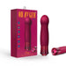 Packaging and product image of the "Oh My Gem Classy Garnet Warming Internal & External Vibrator" by Blush. The product is a sleek, red adult toy with a diamond-textured base and a warming function, showcased alongside its box highlighting features such as a waterproof design, multiple vibrating functions, and rechargeable capabilities.