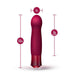 The Oh My Gem Classy Garnet Warming Internal & External Vibrator by Blush, featuring a maroon color with a rounded tip and faceted base, is displayed against a white background. This 5.5-inch vibrator, which has 4 insertable inches and a width of 1 inch, offers various vibrating functions to enhance sexual passion.