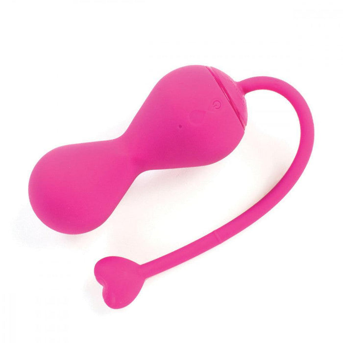 The OhMiBod Krush Smart Kegel Fitness Balls, a pink silicone exerciser with a rounded form and long cord ending in a heart, are designed for optimal pelvic floor training.