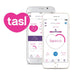 Two smartphones show a fitness app interface for pelvic floor training with OhMiBod Krush Smart Kegel Fitness Balls featuring smart kegel options and daily targets. The pink heart logo with "tasl" is on the left, displaying a timer and activities like "Squeeze" using advanced sensor technology.