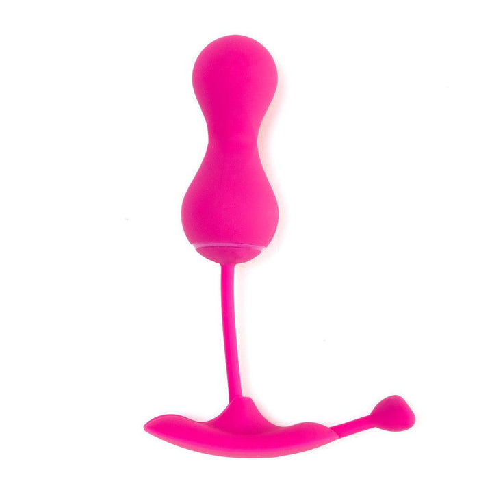 The OhMiBod Krush Smart Kegel Fitness Balls are bright pink, feature a heart-shaped curved base, and have a bulbous design that enhances stimulation and aids in pelvic floor training, with a flexible base for comfort and easy retrieval.