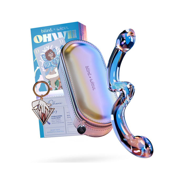 The OhWii Double-Ended Glass Dildo for G-Spot & P-Spot comes with a matching zippered case, geometric keychain, and a vibrant illustrated box—perfect for pleasure and gifting.
