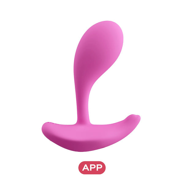 The Oly 2 Pressure Sensing App-Enabled Wearable Vibrator is a pink, curved silicone toy shown with a red APP icon—ideal for hands-free, app-controlled targeted prostate pleasure.