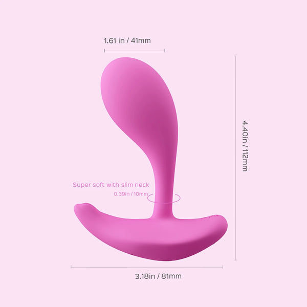 The Oly 2 Pressure Sensing App-Enabled Wearable Vibrator, in pink silicone with a slim neck and ergonomic curve, is shown on a light pink background. It measures 4.40 in (112 mm) tall, 3.18 in (81 mm) wide, and 1.61 in (41 mm) at its widest point.