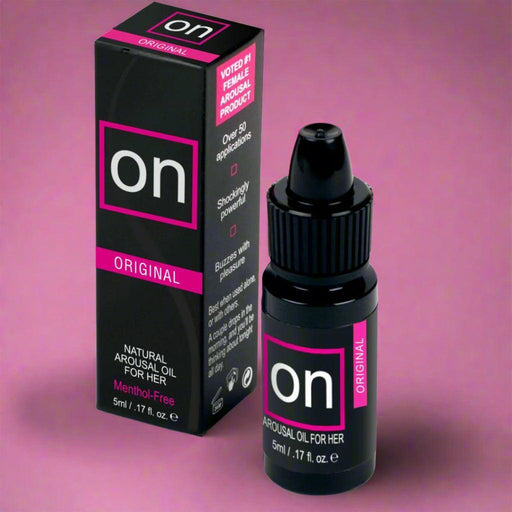 On Arousal Oil by Sensuva 1.6oz bottle and box on a white  background