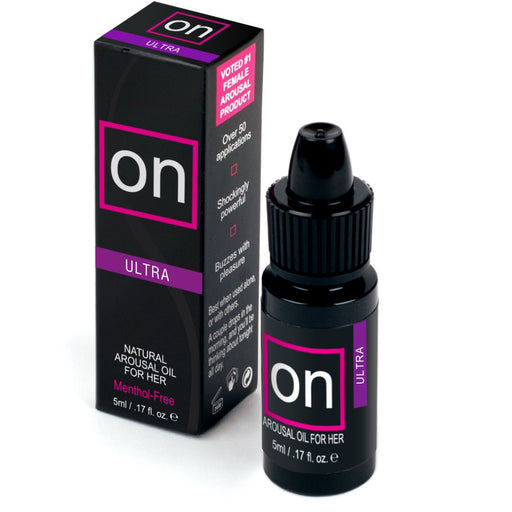 On Arousal Oil Ultra by Sensuva 1.6oz box and bottle on white background