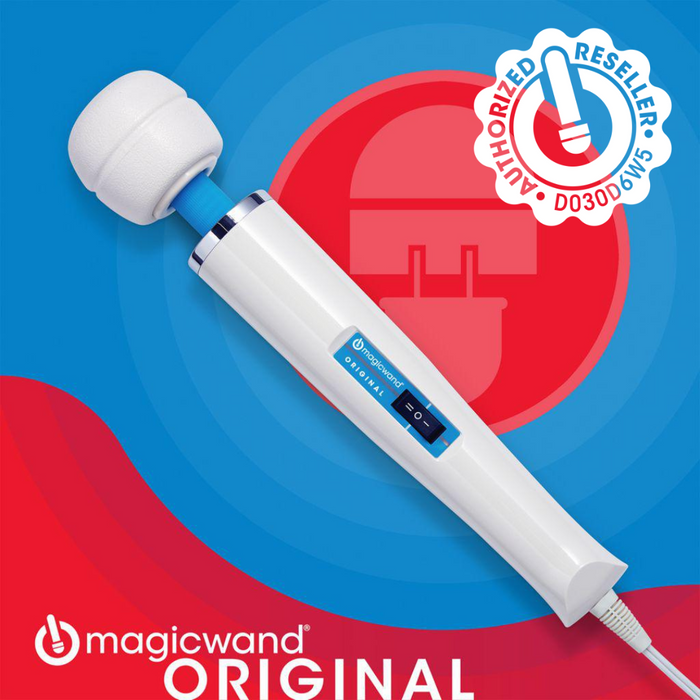 A Magic Wand The Original Ultra Powerful Wand Vibrator is shown on a blue and red background with an "Unauthorized Reseller" badge in the corner and "magicwand ORIGINAL" text at the bottom.
