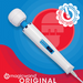 A Magic Wand The Original Ultra Powerful Wand Vibrator is shown on a blue and red background with an "Unauthorized Reseller" badge in the corner and "magicwand ORIGINAL" text at the bottom.