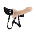 Our First Hollow Strap-On Dildo + Harness Set - Vanilla: a beige, hollow dildo with black adjustable waist and thigh straps and silver snaps, ideal for ED support or beginners. Displayed on a white background.
