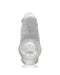 A transparent, white Oxballs Dicker 7.5 Inch Cock Sheath - Clear Ice by Oxballs for enhancement purposes, cylindrical in shape with a closed, rounded tip and a loop at the base. Ribbed texture is visible on the surface.