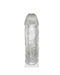 A transparent, cylindrical object with a smooth tip and textured shaft, resembling the Oxballs Dicker 7.5 Inch Cock Sheath - Clear Ice by Oxballs, is placed upright against a plain white background. The material appears to be silicone or plastic.