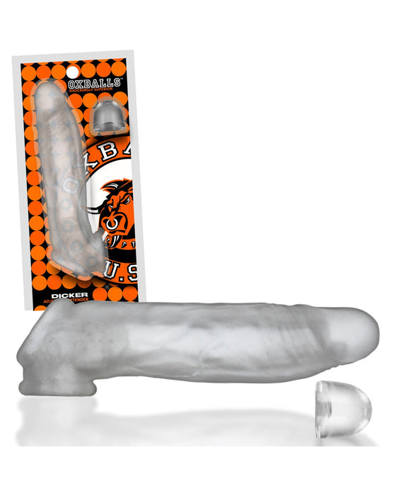 Image showing the Oxballs Dicker 7.5 Inch Cock Sheath - Clear Ice, a transparent, elongated object resembling a penis, with visible veins and a textured surface. Made from Plus+SILICONE, it is displayed alongside its packaging, which features a bold design in orange, black, and white colors, bearing the brand name "Oxballs.
