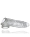 The Oxballs Dicker 7.5 Inch Cock Sheath - Clear Ice by Oxballs is a translucent, slim-fit sheath designed to fit over the male genitalia. It is anatomically shaped with added texture for increased stimulation. The Plus+SILICONE material appears flexible and smooth, with a thick base and a bulbous head for enhanced pleasure.