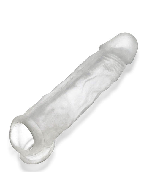 The Oxballs Dicker 7.5 Inch Cock Sheath - Clear Ice by Oxballs is a transparent, cylindrical, textured silicone sleeve with an open end and a closed, rounded tip. The Oxballs Dicker 7.5 Inch Cock Sheath - Clear Ice boasts a realistic pattern and is designed to be worn over another object. Its material appears smooth and flexible.