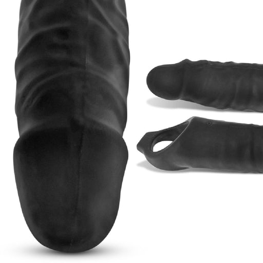 The Oxballs Snake Extra Long 11 Inch Cock Sheath with Ball Strap in black is a textured sleeve featuring a closed end, designed to be a wearable adult product with an adjustable fit. The photo showcases the sleeve from a top view and also includes another view of the sleeve lying on its side, highlighting its veiny texture.