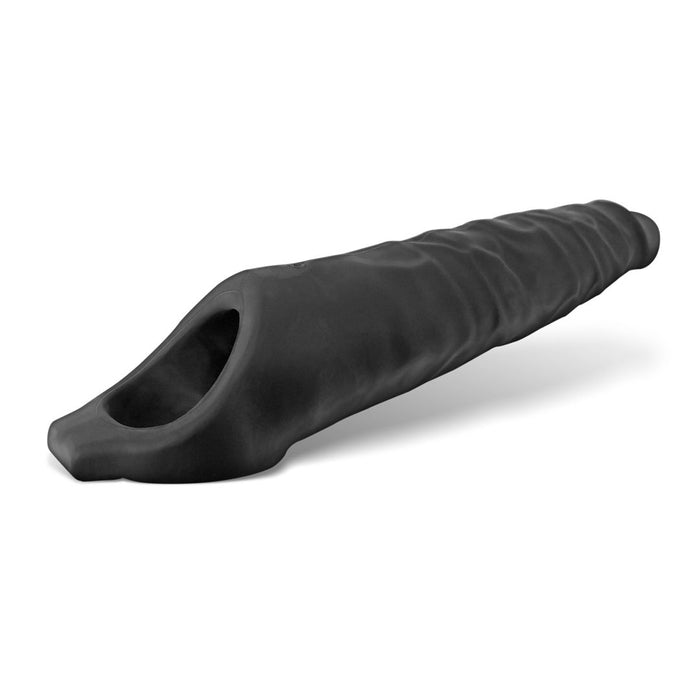 The Oxballs Snake Extra Long 11 Inch Cock Sheath with Ball Strap - Black by Oxballs is depicted on a white background, featuring an elongated, cone-shaped design with a veiny texture and a hollow opening at one end.