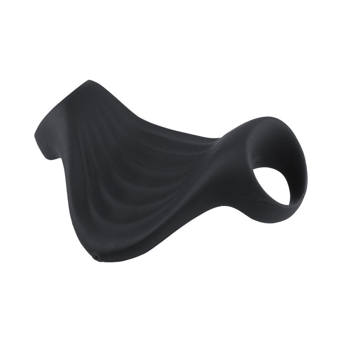 The Palm Vibrating Versatile & Accessible Masturbator is a black, contoured, body-safe silicone stroker with a ribbed texture, circular opening, and wave-like curved design for comfortable handheld use.