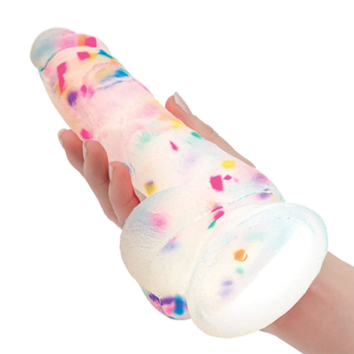Party Marty 7.5 Inch Silicone Rainbow Confetti Dildo with Suction Cup