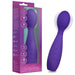 The Velvet High Versatile Internal or External Vibrator with Flexible Neck in purple silicone is shown beside its box, which includes product details and a clear window highlighting the clitoral stimulation device.
